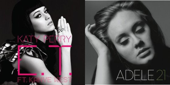 album covers of Katy Perry's E.T. feat. Kanye West and Adele's 21