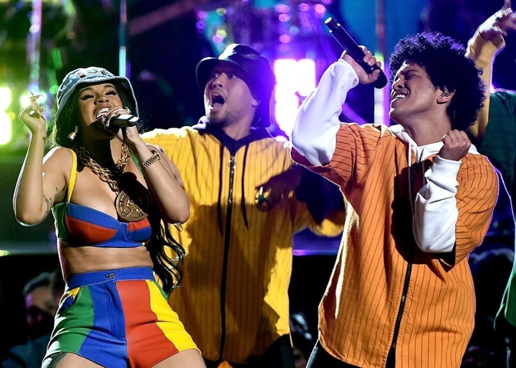 Cardi B and Bruno Mars perform onstage during the 60th Annual Grammy Awards at Madison Square Garden on Jan. 28 in New York City.Theo Wargo/WireImage