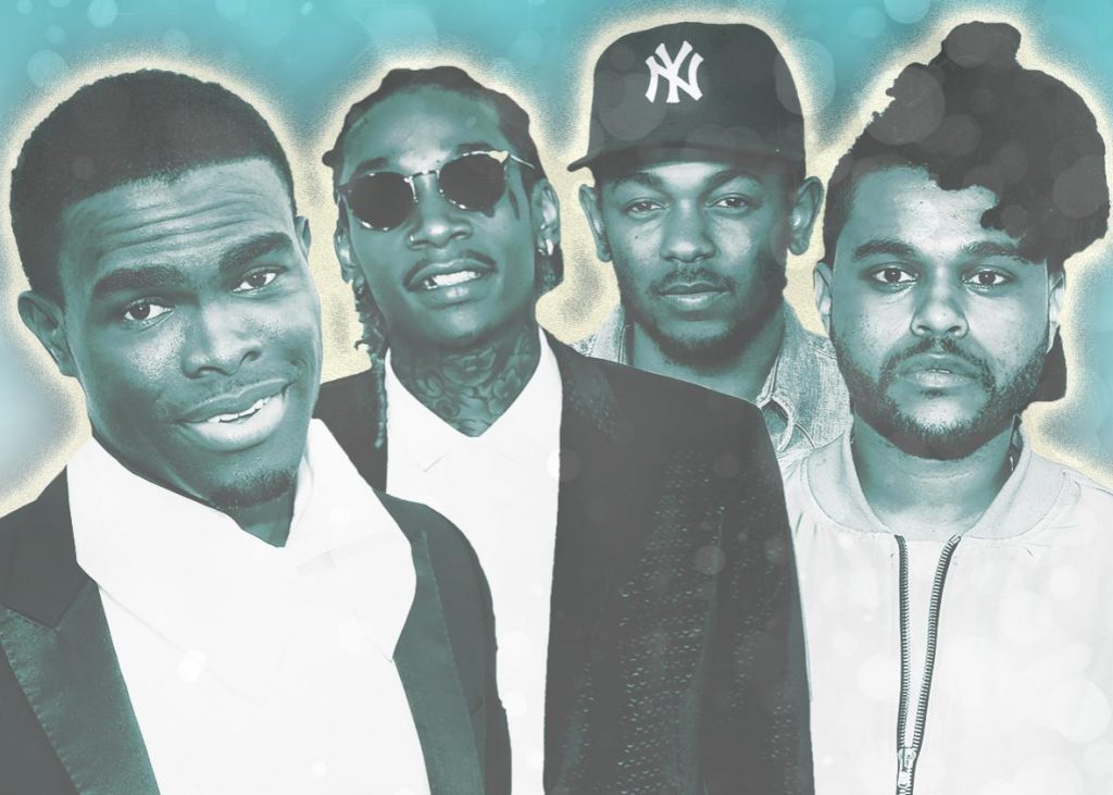 OMI, Wiz Khalifa, Kendrick Lamar, and the Weeknd. Photo illustration by Sofya Levina. Images by Jason Merritt/Getty Images, Mike Windle/Getty Images, Jamie McCarthy/Getty Images, and Dimitrios Kambouris/Getty Images.