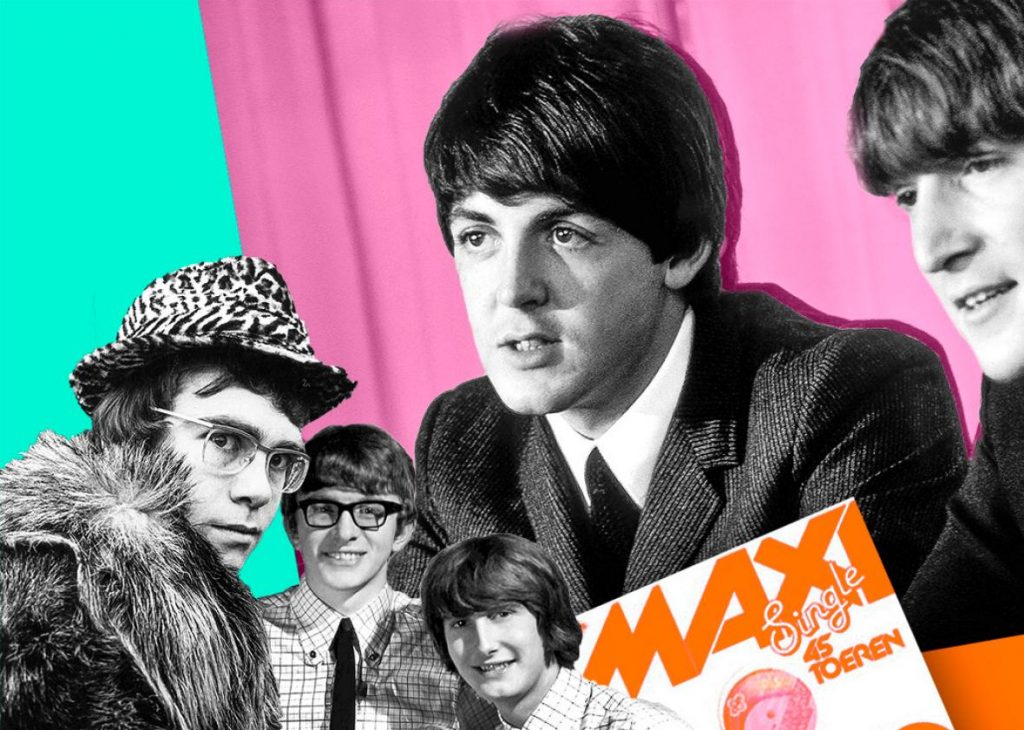Elton John, Peter and Gordon, Paul McCartney, and John Lennon. Photo illustration by Juliana Jiménez. Photos by Val Wilmer/Redferns; GAC/Capitol Records; GAB Archive/Redferns.