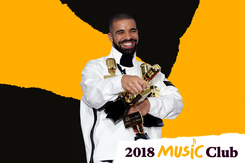Drake with awards. Photo illustration by Slate. Photo by David Becker/Getty Images.